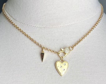 Heart Charm Necklace Gold, Gold Chain Charm Necklace, Heart Spike Necklace, Gold Rolo Chain, Pave Diamond CZ Clasp, Spike Charm Necklace