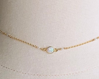 Gold Filled White Opal Necklace, Freshwater Pearls, Dainty Choker