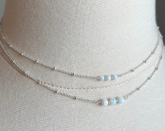 Sterling Silver White Opal Bead Choker, Dainty Layering Opal Necklace