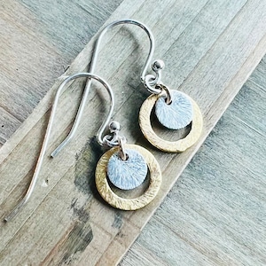 Mixed Metal Gold & Sterling Silver Earrings, Two Tone Handmade Earrings, Silver Earrings with Gold Accents, Dainty Silver Gold Dangle Drops