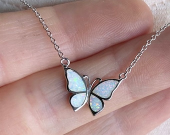 White Opal Butterfly Necklace, Sterling Silver, Dainty Charm