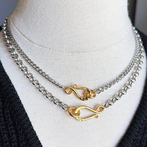 Mixed Metal Chunky Chain Necklace, Modern Bold Rolo Mixed Metal Necklace, Silver Curb Chain Gold Clasp,Stainless Steel Curb Chain Gold Clasp
