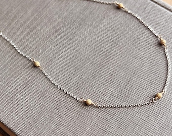 Dainty Sterling Silver Rolo Chain Necklace, Gold Filled Bead Stations, Minimalist Mixed Metal Layering