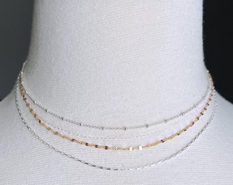Mixed Metal Layered Necklace Set, Sterling Silver and Gold Filled