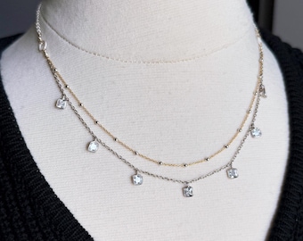 Sterling Silver & 14k Gold Filled Layered Necklace, Cubic Zirconia Drops