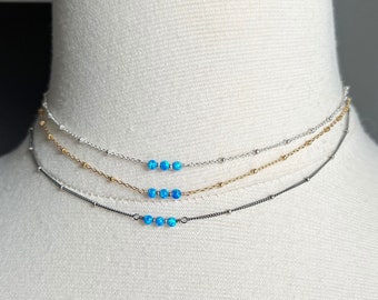 Blue Lab Opal Bead Necklace: Gold Filled or Sterling Silver Satellite Chain