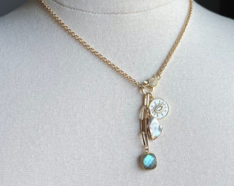 Gold Charm Necklace, Labradorite Necklace, Pearl Charm, Gold Chain Charm Necklace, Labradorite Gold, Evil Eye Charm, Multiple Charm Necklace