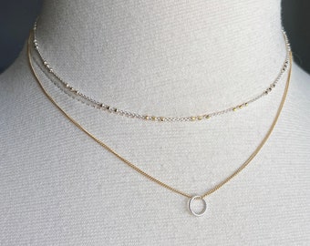 Two Tone Layering Necklace, Gold Filled, Sterling Silver Circle