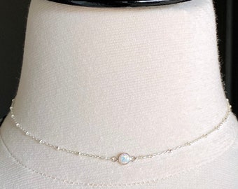 White Opal Sterling Silver Choker, Satellite Chain, Minimalist Necklace