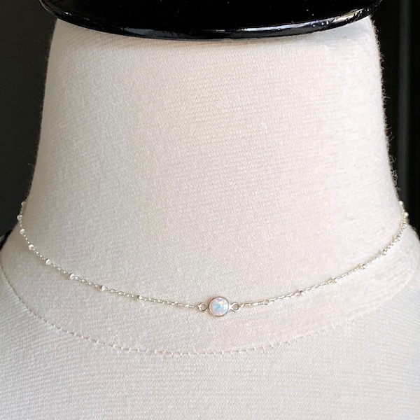 Opal Necklace, Opal Choker Silver, Minimalist Necklace, Simple Opal Choker, Satellite Chain Silver, Minimal Necklace, Dainty Opal Choker