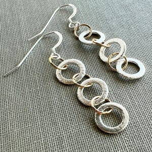 Mixed Metal Dangle Earrings, Two Tone Earrings, Sterling Silver Earrings with Gold Accents, Silver and Gold Circle Drop Earrings