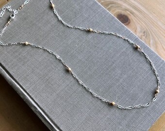 Dainty Mixed Metal Necklace: Sterling Silver Chain, Gold Bead Stations