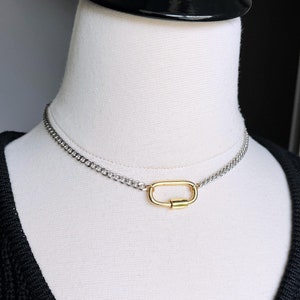 Mixed Metal Carabiner Necklace: Stainless Steel Curb Chain, Gold Accent