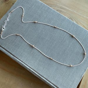 Minimalist Mixed Metal Necklace, Handmade Satellite Chain Gold Filled Beads on Sterling Silver, Dainty Layering Jewelry, Two Tone Necklace