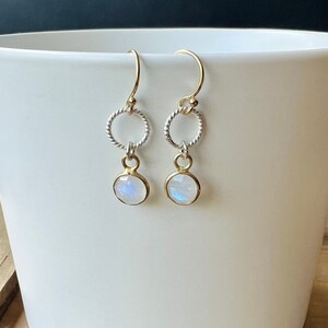 Moonstone earrings, Mixed metal earrings, silver and gold earrings, Moonstone drop earrings, everyday earrings, dainty moonstone earrings