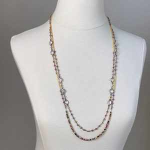 Long Beaded Gemstone Necklace, Long Layering Necklace, Mixed Metal Necklace, Dainty Bead Necklace, Tiny Beaded Long Necklace, Bead Necklace