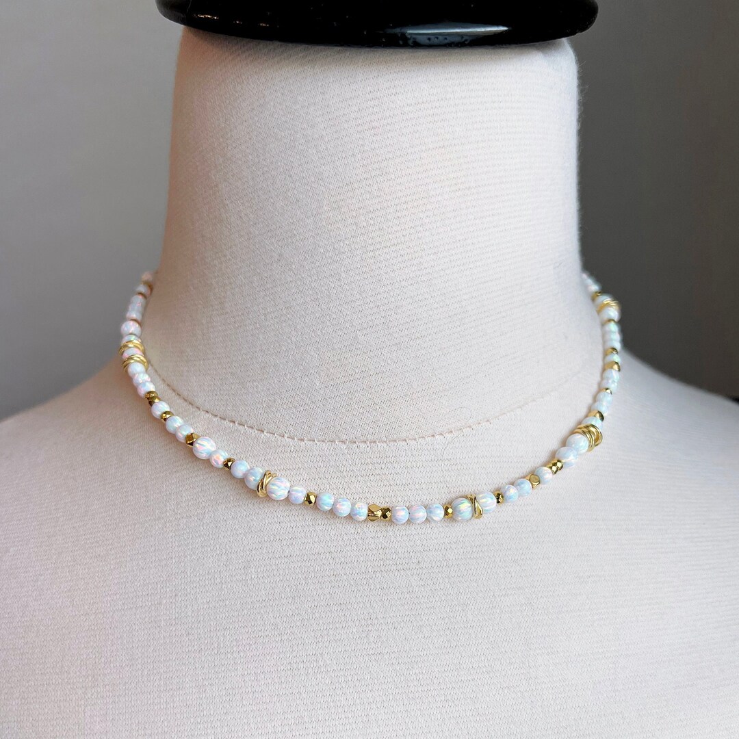 White Opal Beaded Necklace Opal Necklace Gold Gold Opal Etsy