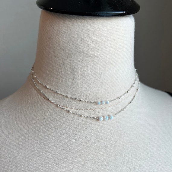 Sterling Silver White Opal Bead Choker, Dainty Layering Opal Necklace