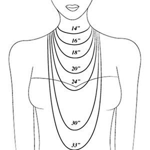 May include: A line drawing of a person wearing a necklace with different lengths marked in inches, from 14 inches to 33 inches.