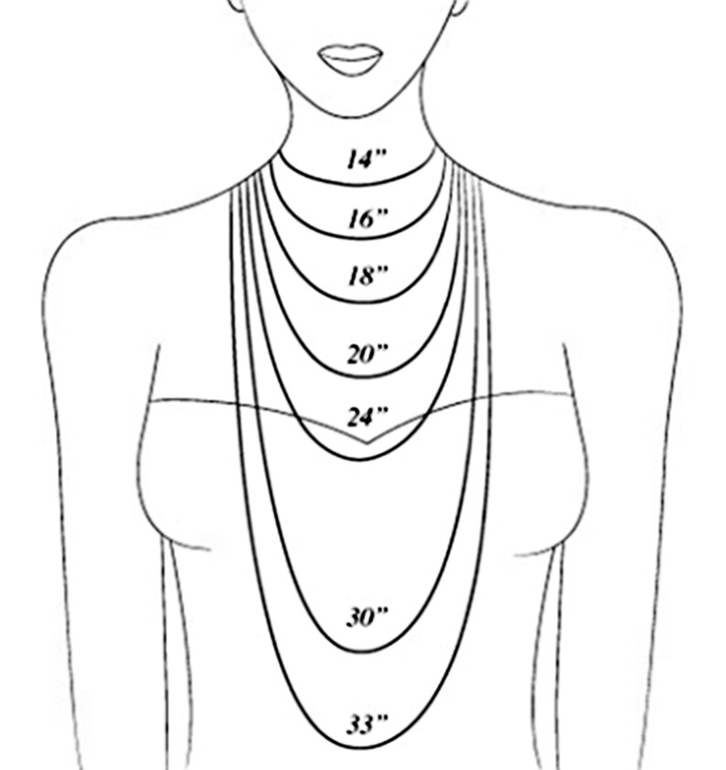 May include: A line drawing of a person wearing a necklace with different lengths marked in inches, from 14 inches to 33 inches.