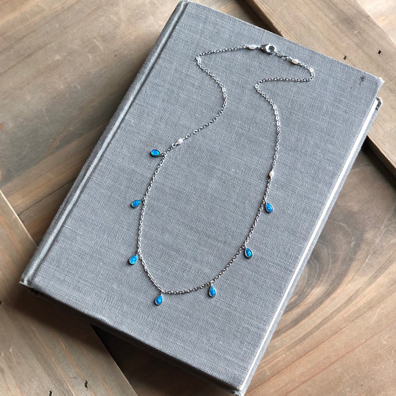 Blue Opal Silver Dangle Necklace Dainty Silver Opal Charm Opal Dangle Necklace Sterling Silver Opal Necklace Minimal Silver Chain