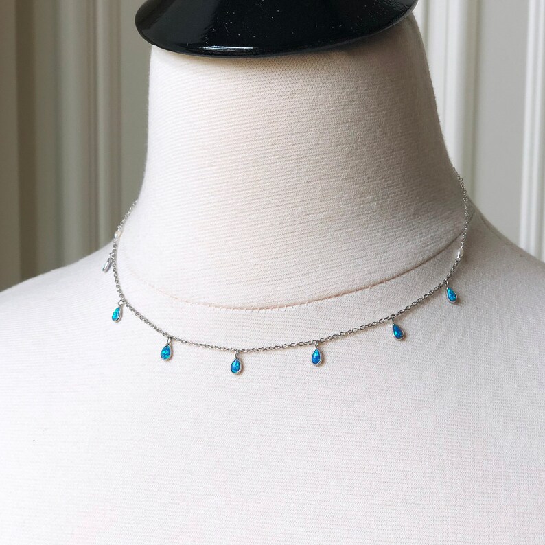 Blue Opal Silver Dangle Necklace Dainty Silver Opal Charm Opal Dangle Necklace Sterling Silver Opal Necklace Minimal Silver Chain