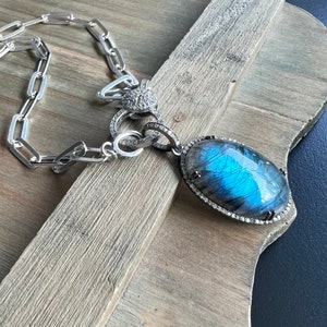 Labradorite Necklace, Labradorite Jewelry, Blue Flash Labradorite Pendant, Sterling Silver Paperclip Chain Necklace, Pave Diamond Clasp