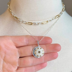 Sapphire Pendant Sterling Silver Paperclip Chain Necklace, Mixed Metal Sterling Silver Gold Thick Chain Necklace, Chunk Layering Necklace