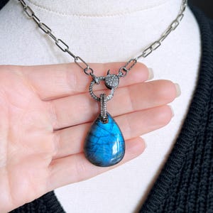 Labradorite Necklace, Labradorite Jewelry, Blue Flash Labradorite Pendant, Sterling Silver Paperclip Chain Necklace, Pave Diamond Clasp