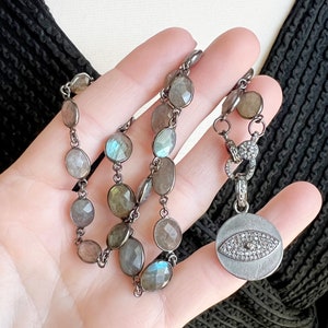 Labradorite Necklace, Evil Eye Necklace, Amulet Necklace, Diamond Necklace, Labradorite Necklace Silver, Pave Diamond Clasp Necklace Silver
