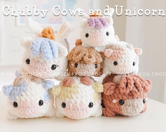 Chubby Highland Cow, Calf, Unicorn no sew and low sew crochet pattern