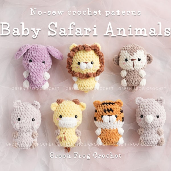 Patroonbundel 7 Baby Safari-dieren, geen naai- en snelle amigurumi-haakpatronen voor leeuw, tijger, giraffe, aap, nijlpaard, neushoorn, olifant