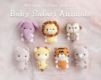 Patroonbundel 7 Baby Safari-dieren, geen naai- en snelle amigurumi-haakpatronen voor leeuw, tijger, giraffe, aap, nijlpaard, neushoorn, olifant