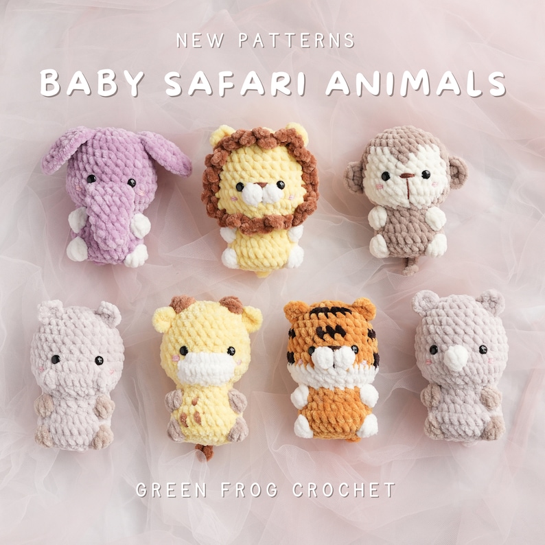 Lot de 7 bébés animaux de safari, motifs amigurumi rapides sans couture et au crochet pour lion, tigre, girafe, singe, hippopotame, rhinocéros, éléphant image 10