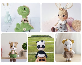 May include: Five crocheted stuffed animals: a green dinosaur, a brown bunny wearing a gray dress, a brown and white corgi wearing a green and white striped shirt, a black and white panda wearing a brown skirt, and a white elephant wearing a brown dress.