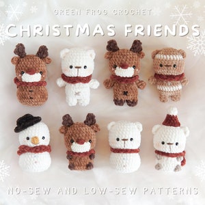 May include: A set of seven crocheted Christmas-themed amigurumi toys, including a snowman, reindeer, and bears. The toys are all wearing red scarves and are made with brown and white yarn. The image includes the text "GREEN FROG CROCHET CHRISTMAS FRIENDS NO-SEW AND LOW-SEW PATTERNS".