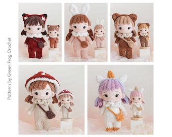 May include: A set of crochet doll patterns featuring various animal and fantasy characters. The dolls are dressed in different outfits and have unique accessories. The patterns are available for purchase from Green Frog Crochet.