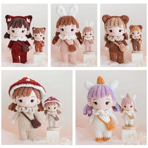Amigurumi Doll Crochet Pattern Bundle: Unicorn, Mushroom, Fox, Bear, Bunny Girl (PDF patterns)