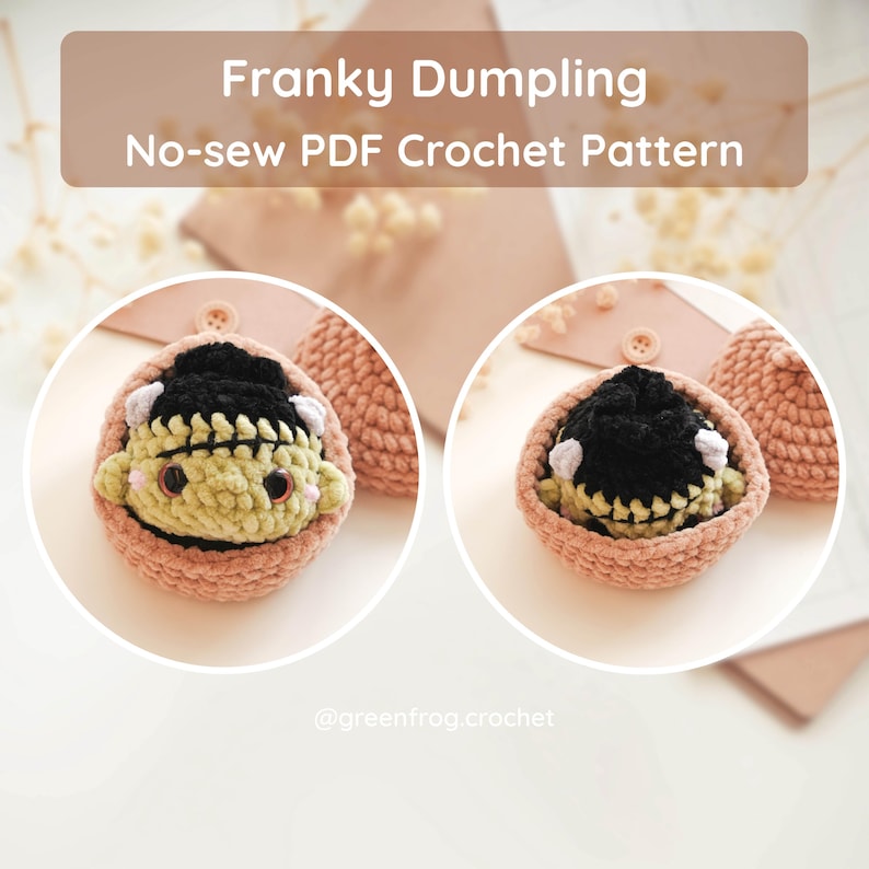 Puede incluir: Un patr&oacute;n de ganchillo titulado Franky Dumpling No-sew PDF Crochet Pattern con dos im&aacute;genes circulares de una peque&ntilde;a criatura de peluche verde claro con pelo negro, pernos blancos y mejillas rosadas, dentro de un cuenco de ganchillo color melocot&oacute;n.