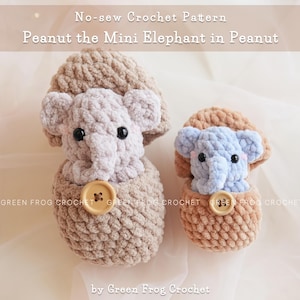 May include: Two crochet elephant toys, one large and one small, in a peanut-shaped design. The larger elephant is grey, and the smaller one is blue. Both have button details and are labelled "Peanut the Mini Elephant."