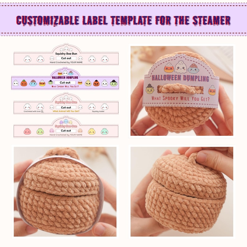 Puede incluir: Una plantilla de etiqueta personalizable para vaporera con cuatro dise&ntilde;os distintos, ilustraciones de bollos y texto. Un juguete de masa tejido a ganchillo color canela se muestra dentro de una vaporera con una etiqueta morada.