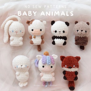 Musterpaket 7 Tierbabys, Amigurumi-Häkelmuster ohne Nähen, schnelle und einfache Muster