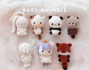 Musterpaket 7 Tierbabys, Amigurumi-Häkelmuster ohne Nähen, schnelle und einfache Muster