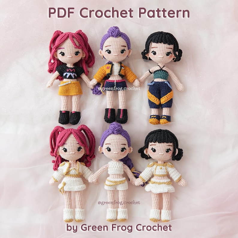 May include: A collection of six handmade crochet dolls with various hairstyles and outfits. The dolls feature detailed facial features and are dressed in miniature clothing. The image includes text that reads "PDF Crochet Pattern" and "by Green Frog Crochet".