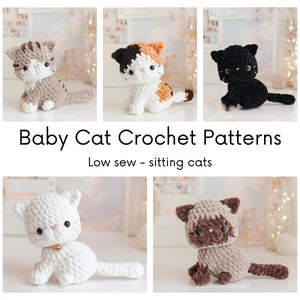 Bundle 4 in 1: Sitting Baby Cat low sew crochet pattern, kitten amigurumi pattern, black and white, calico, tabby, Siamese cat