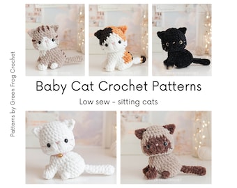 Bundle 4 in 1: Häkelmuster mit sitzender Babykatze, niedriges Nähmuster, Amigurumi-Muster für Kätzchen, Schwarz und Weiß, Kattun, getigerte Katze, Siamkatze