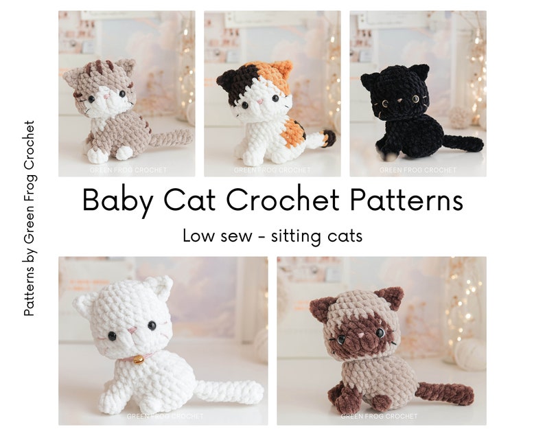 Lot 4 en 1 : modèle au crochet à couture basse, bébé chat assis, motif amigurumi chaton, noir et blanc, calicot, tigré, chat siamois image 1