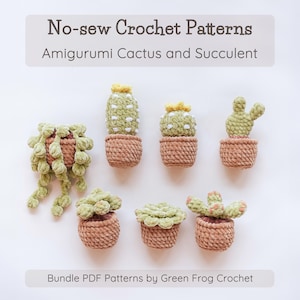 May include: A collection of handmade crochet amigurumi cactus and succulent plants in small brown pots. The plants are various shades of green and yellow. The text on the image reads "No-sew Crochet Patterns Amigurumi Cactus and Succulent" and "Bundle PDF Patterns by Green Frog Crochet."