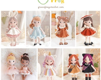 May include: A collection of eight crocheted dolls, each with a unique outfit and accessories. The dolls are all wearing dresses and have different hairstyles. Some of the dolls are wearing hats, and some are holding accessories such as purses or flowers. The dolls are all standing on a white background.