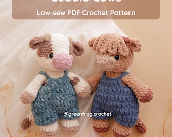 Cuddle Cows, Highland Cow and Milky Calf in Overalls Amigurumi, Low Sew Crochet Pattern